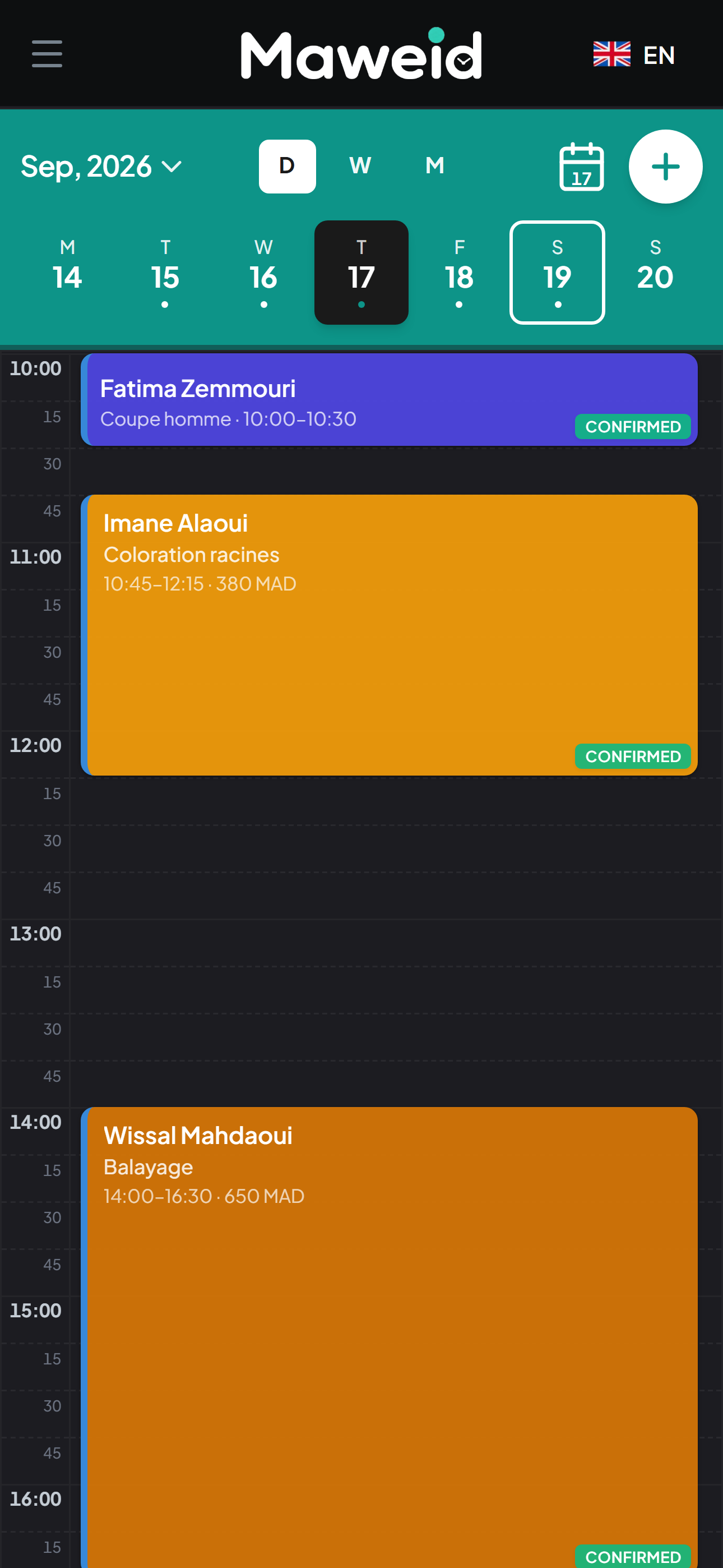 Calendrier Maweid sur mobile — vue jour avec rendez-vous et statuts