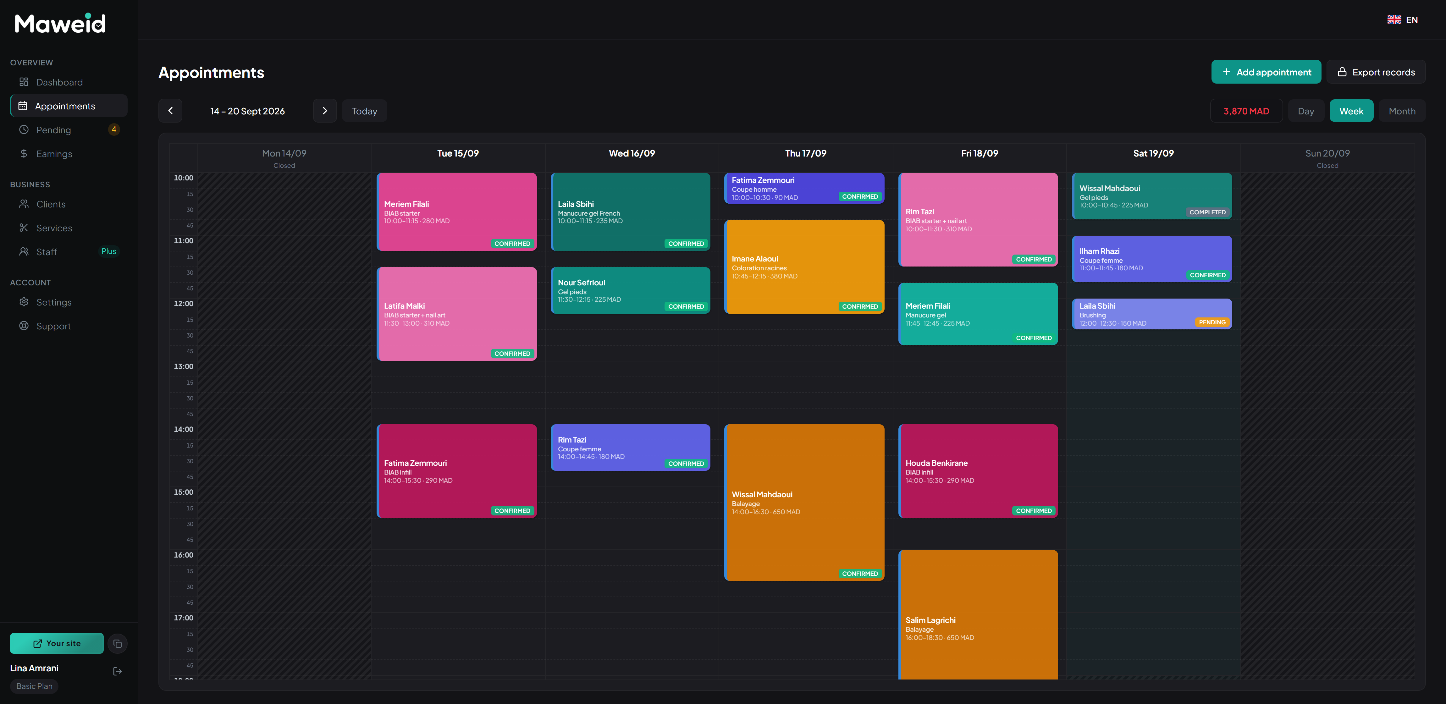 Calendrier Maweid — vue semaine avec rendez-vous et statuts